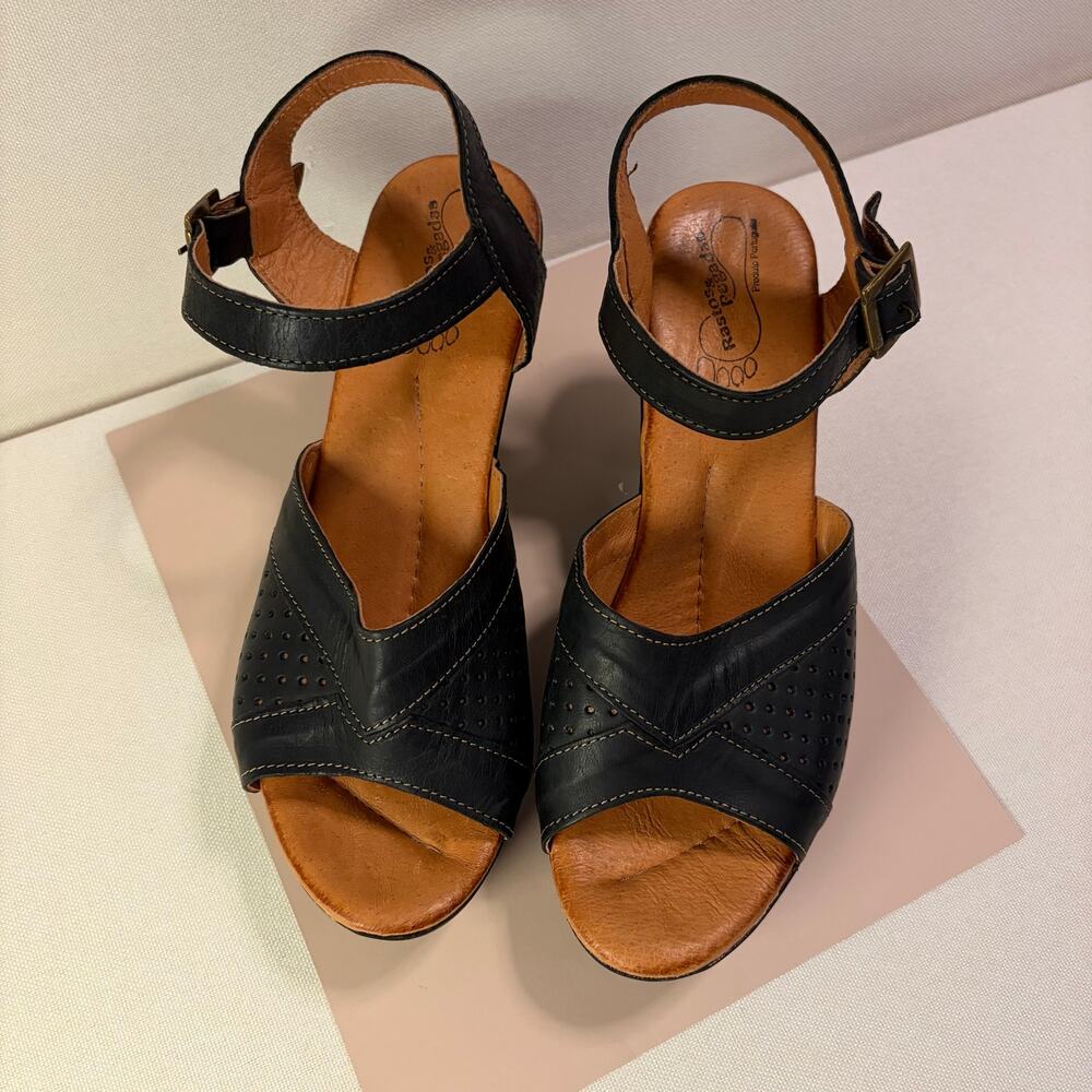 Rastos & Pegadas Black Leather Platform Wedge Sandals 40 US 9.5 Perforated